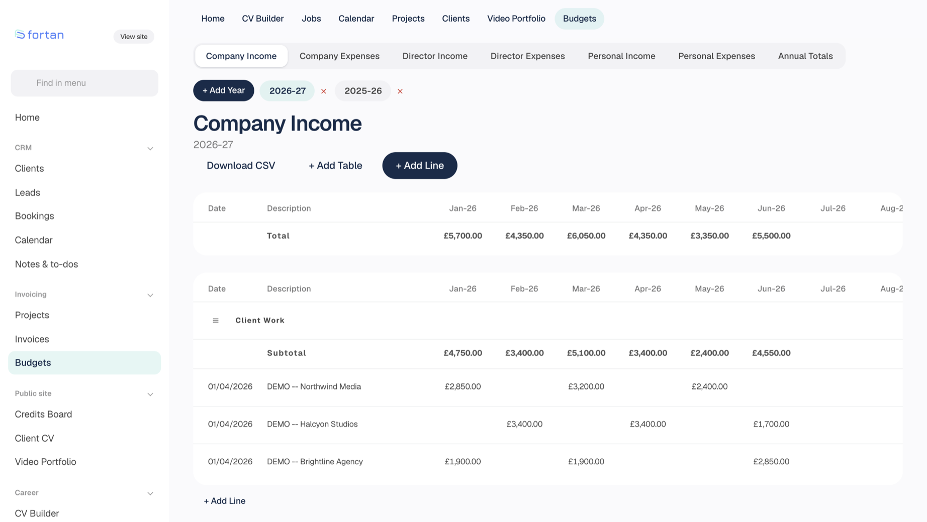Annual Budgets — Six income and expense sheets a year, adding themselves up. The Annual Budgets screen in Fortan Software. Six income and expense sheets a year, adding themselves up.