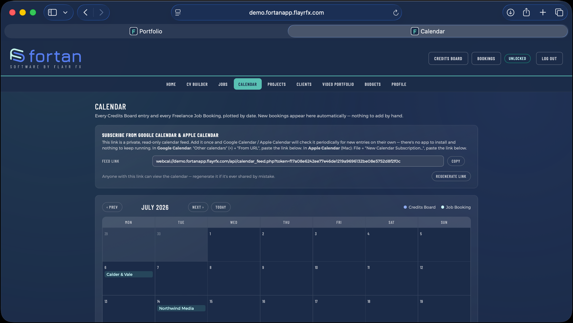 The Calendar screen in Fortan Software. Everything on one month grid, and in the calendar you already use.