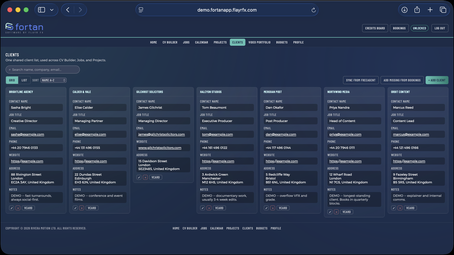 The Clients screen in Fortan Software. One record per client, and a dashboard for each.
