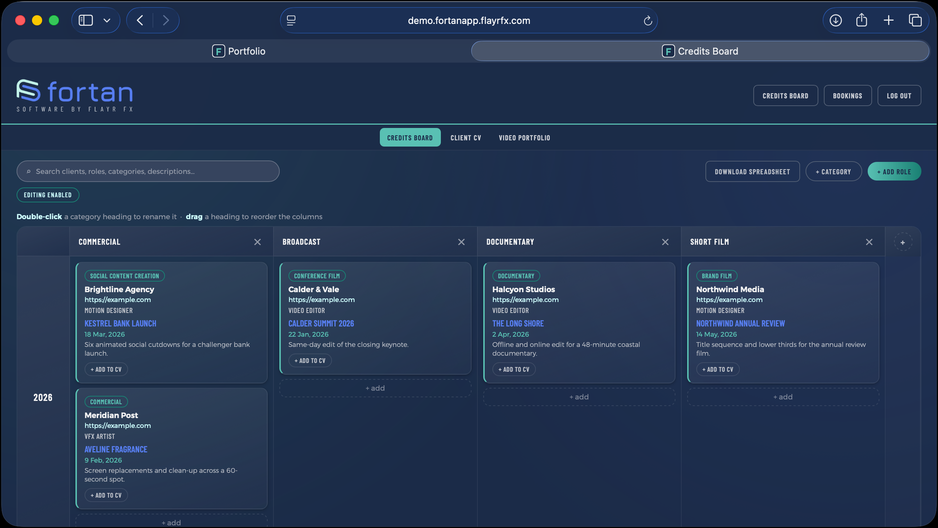 The Credits Board screen in Fortan Software. Your work history as a public, filterable grid.