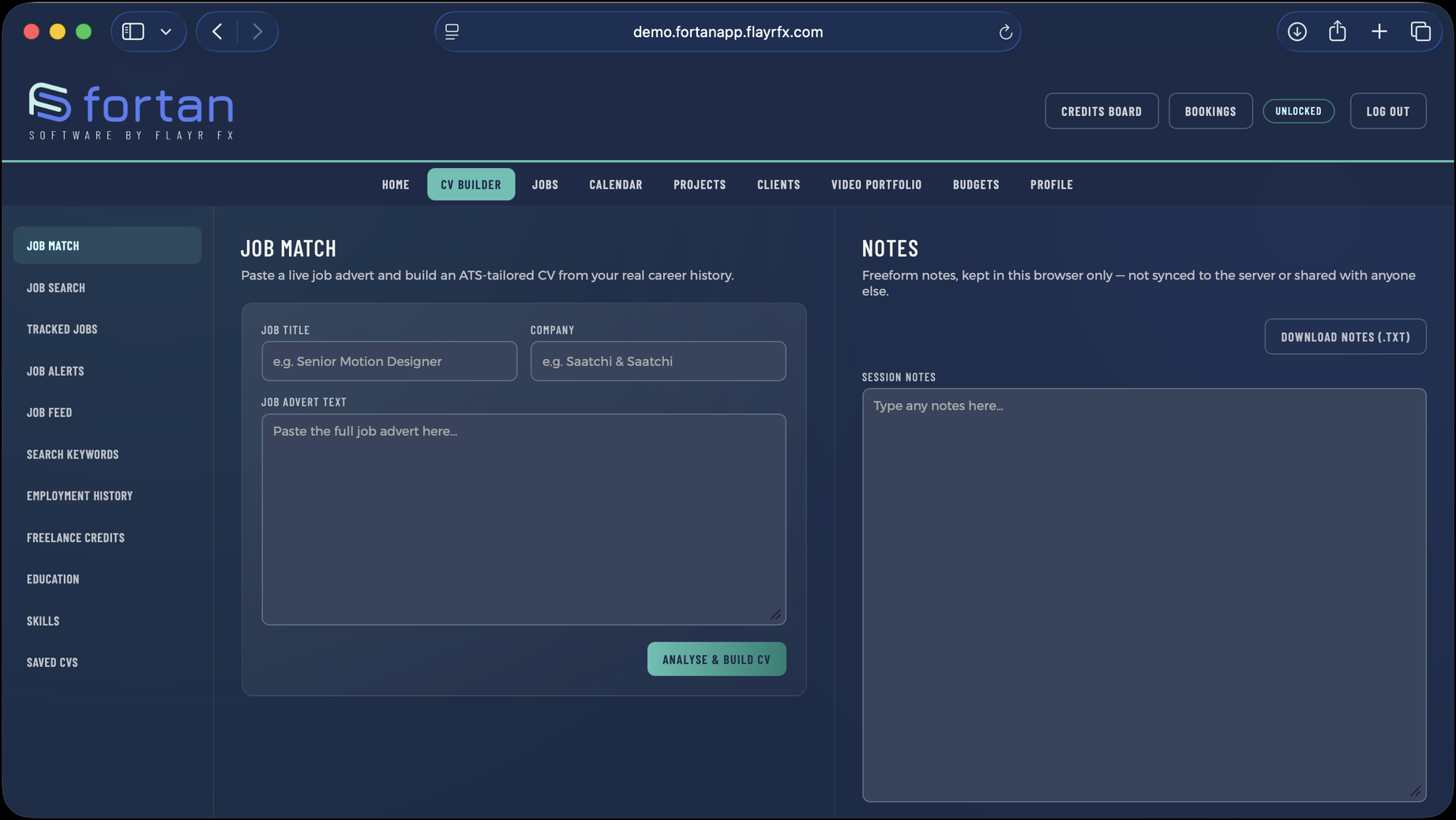 CV & CV Builder — A public CV page, and AI matching against a job advert. The CV & CV Builder screen in Fortan Software. A public CV page, and AI matching against a job advert.