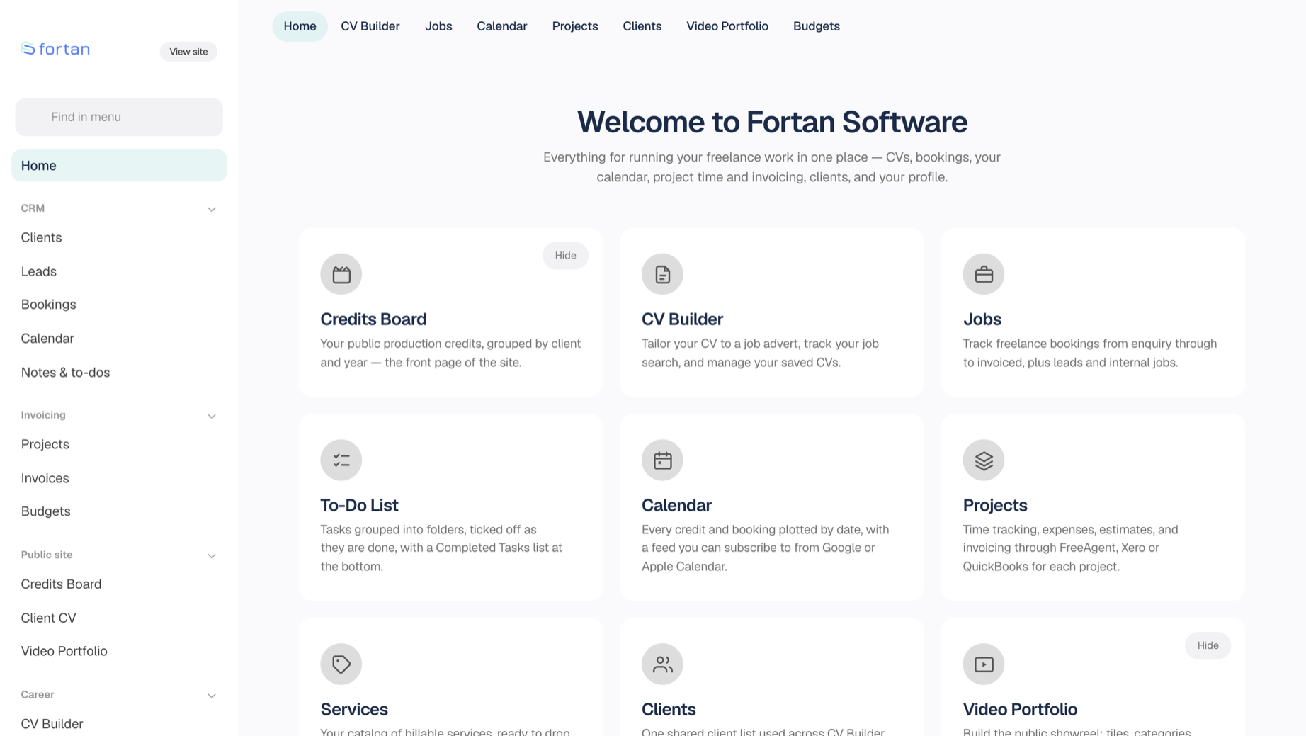 The Fortan Software home screen, with tiles for jobs, projects, clients, budgets, the calendar and the public credits board.