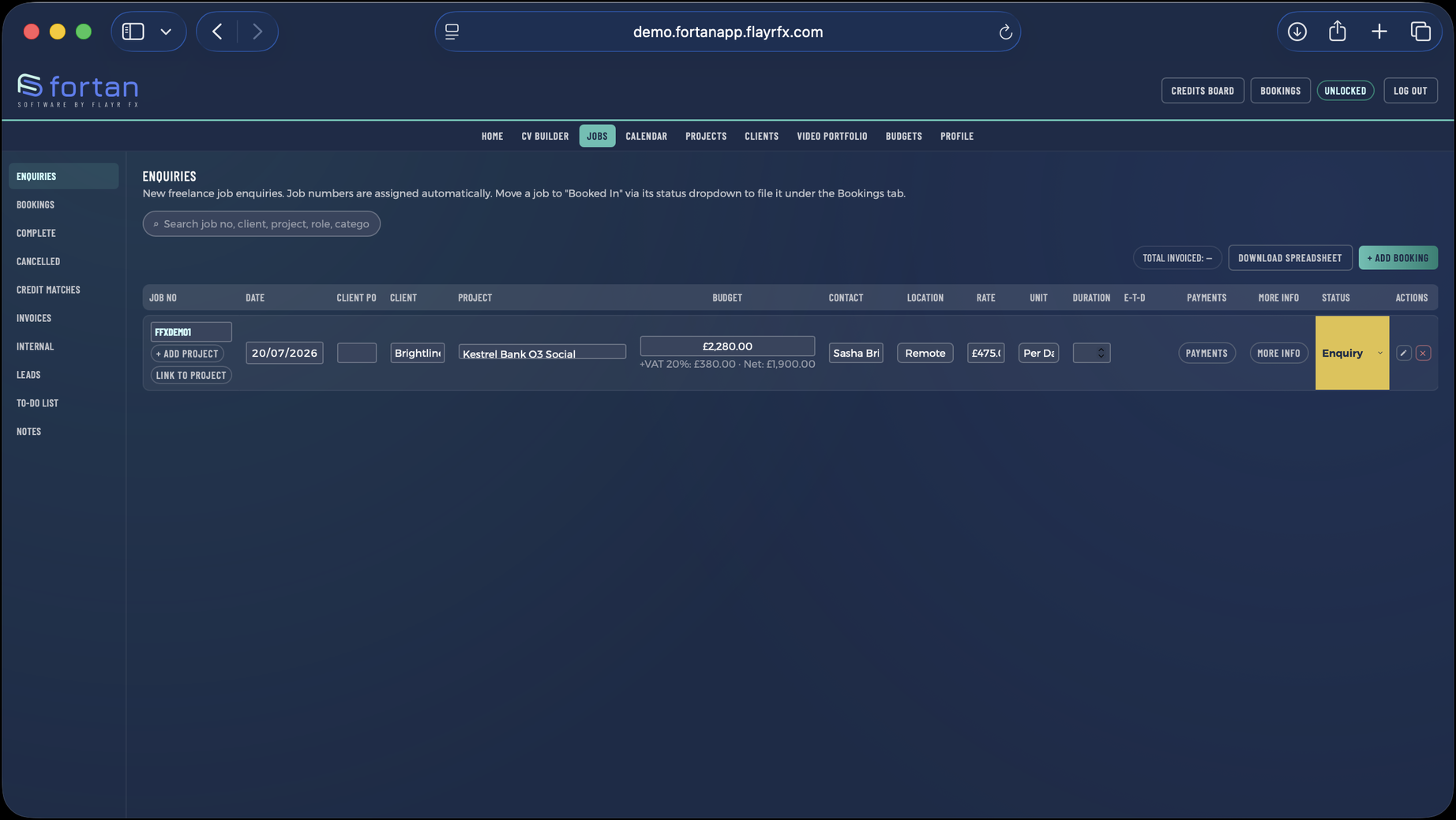 The Jobs screen in Fortan Software. Every enquiry, from first email to paid invoice.
