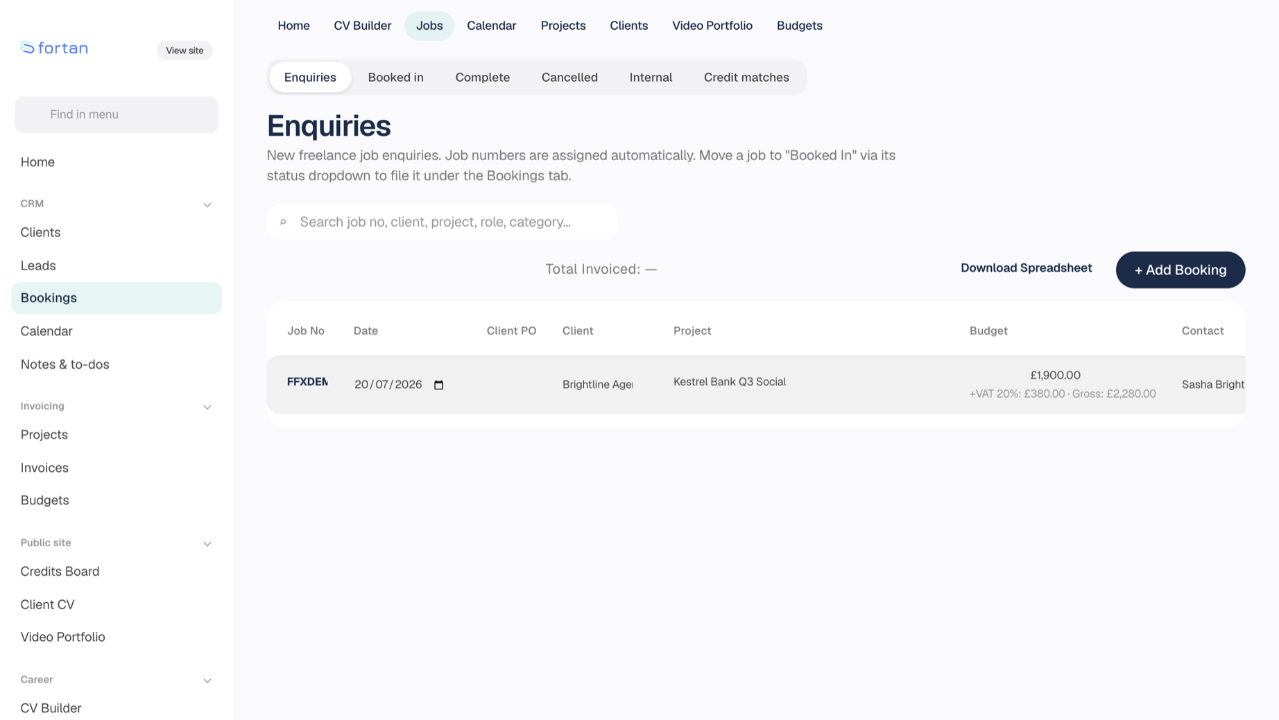 Jobs — Every enquiry, from first email to paid invoice. The Jobs screen in Fortan Software. Every enquiry, from first email to paid invoice.