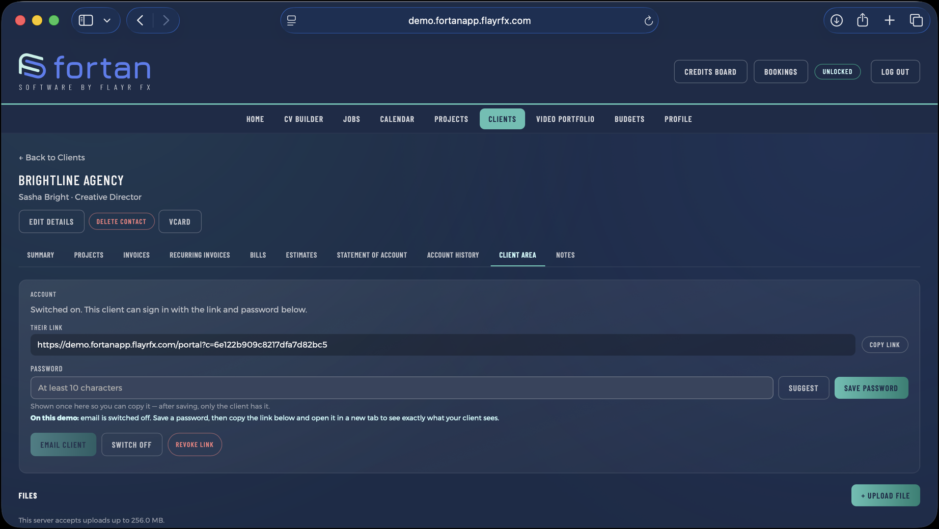 The Client Portal screen in Fortan Software. Deliverables behind the client's own login.