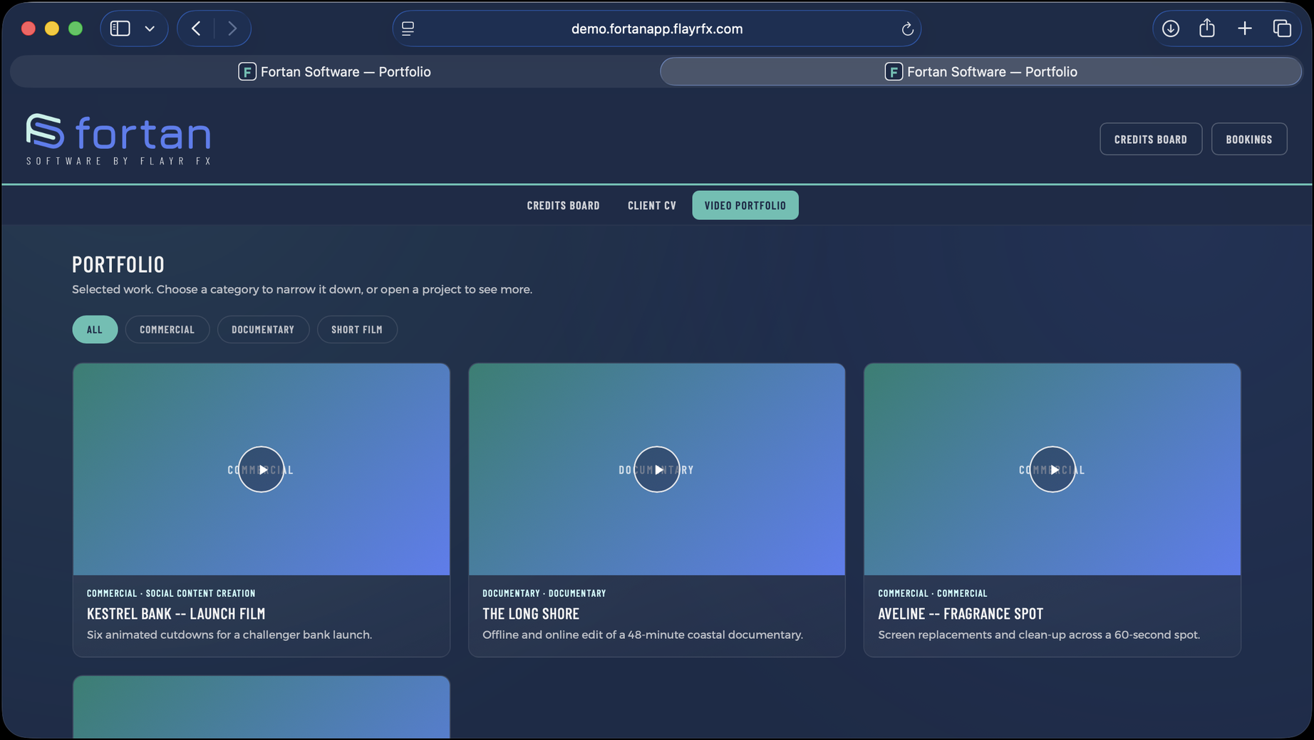 The Video Portfolio screen in Fortan Software. Showreel pages with hover-to-play video.