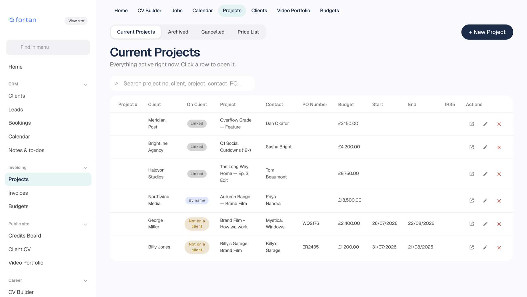 Projects — Timeslips, expenses, estimates and invoices on one record. The Projects screen in Fortan Software. Timeslips, expenses, estimates and invoices on one record.