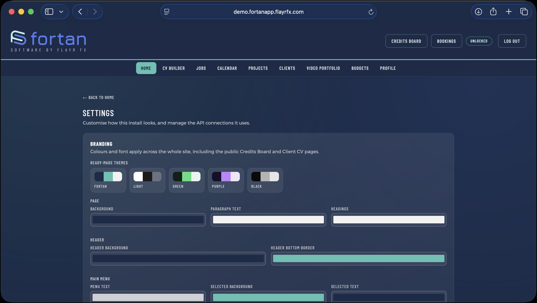 The Branding & Settings screen in Fortan Software. Your colours, your fonts, your logo — including on the public pages.